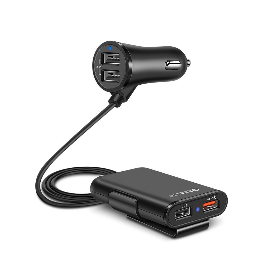 

New Adapter Car Rear Charger LED QC 3.0 Extension Cord Cable 4-Port USB Car Charger Fast Charging