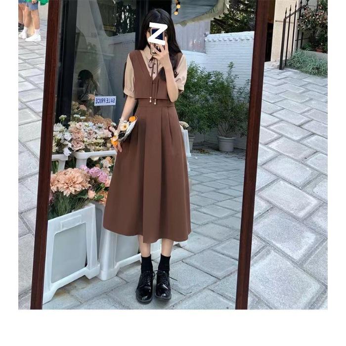 Large size suit skirt covering meat high waist splicing fake two-piece dress women's summer and Korean college style age-reducing dress