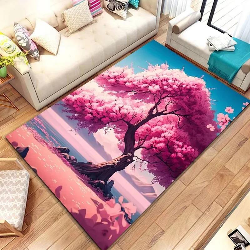 Japanese Landscape Print Rug with Cherry Blossom & Fuji Mountain for Bedroom and Sofa Entryway Decor