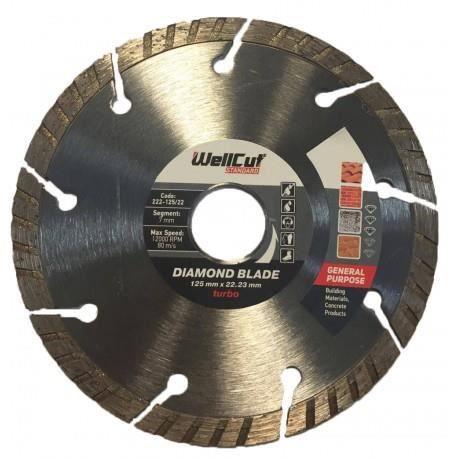Disque diamant turbo - WELLCUT - STANDARD - Ø125 x 22,23 mm - Segment 7 mm - Vitesse maxi 80 m/s