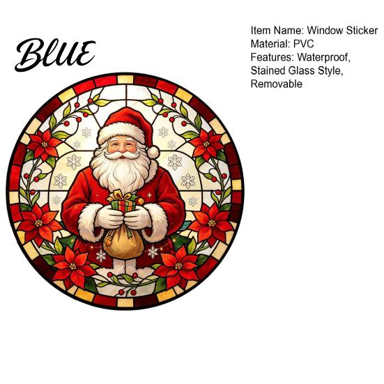 Removable Static Window Film Round Christmas Sticker Stained Glass Style Holiday Storefront Decals Cling Santa Claus Tree PVC Decal for Home Decor