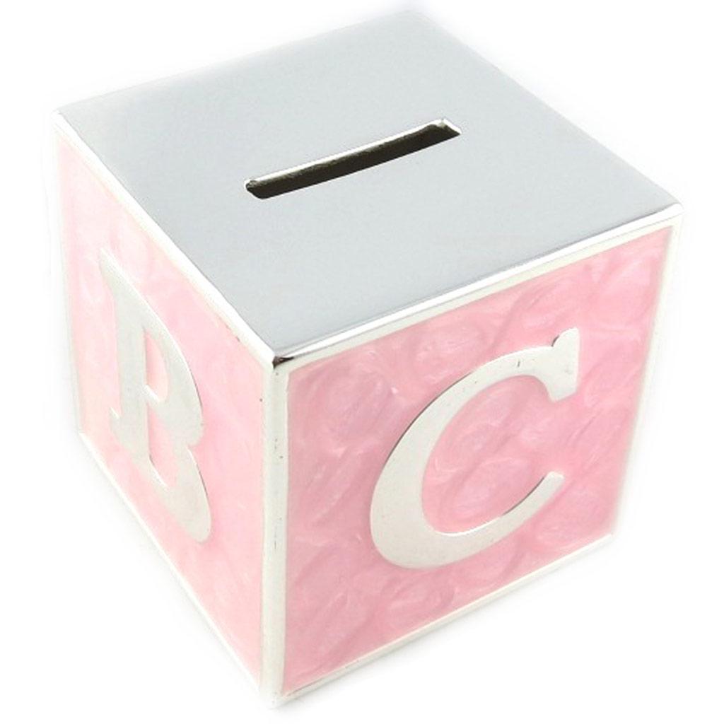 Les Trésors De Lily [L1977] - Silver Pink 'Alphabet' Metal Piggy Bank - 65x65x65 Mm