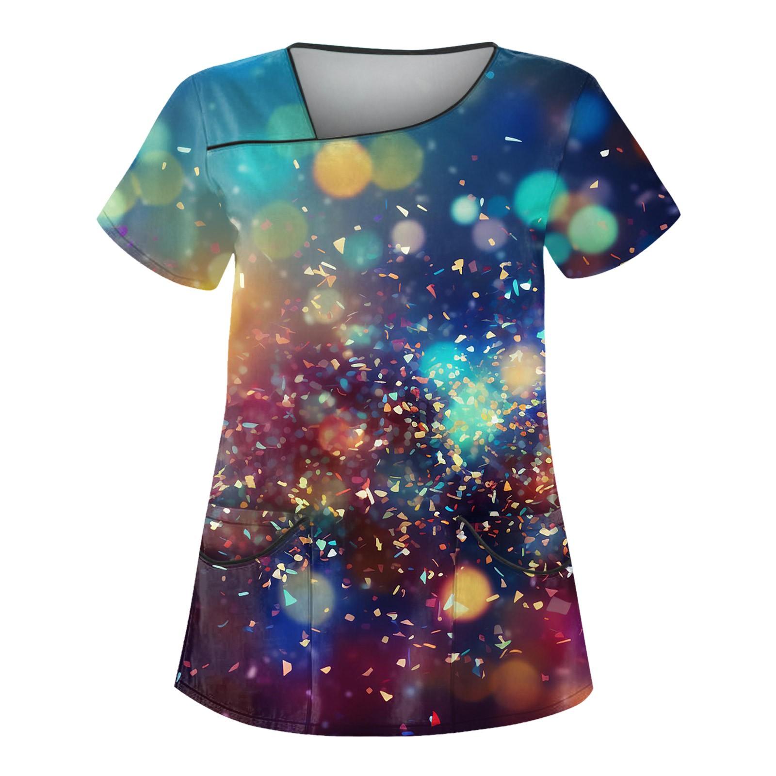 

Women s Simulated Sequined Flowing Gold Print Slant Collar Double Pocket Top Protective Workwear L
