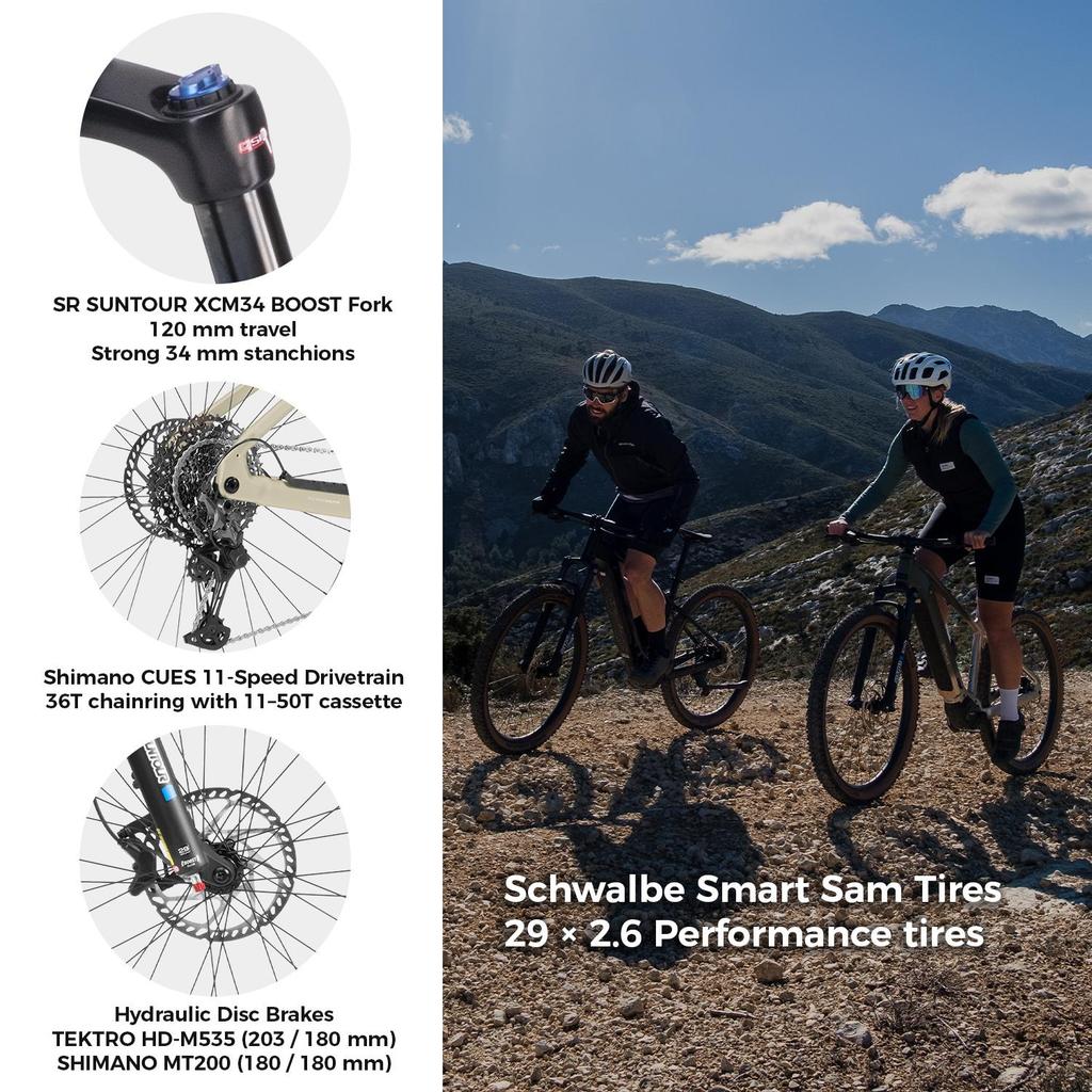 Elektrofahrrad DERUIZ Dolomit 29" 250W Mittelmotor MTB EBike, 720Wh Samsung Akku, Max. Reichweite 180km, Intelligenter Automatikmodus, 110Nm Drehmoment, Zuladung 150kg