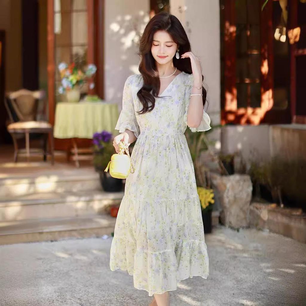 Women's Floral Chiffon Midi Dress - 2024 French Summer Slim Fit