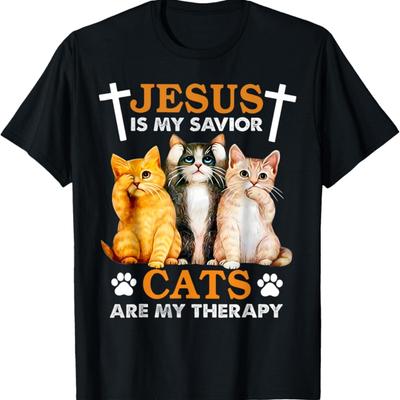 Jesus Is My Savior Cats Are My Therapy Christian Funny Cat T-Shirt