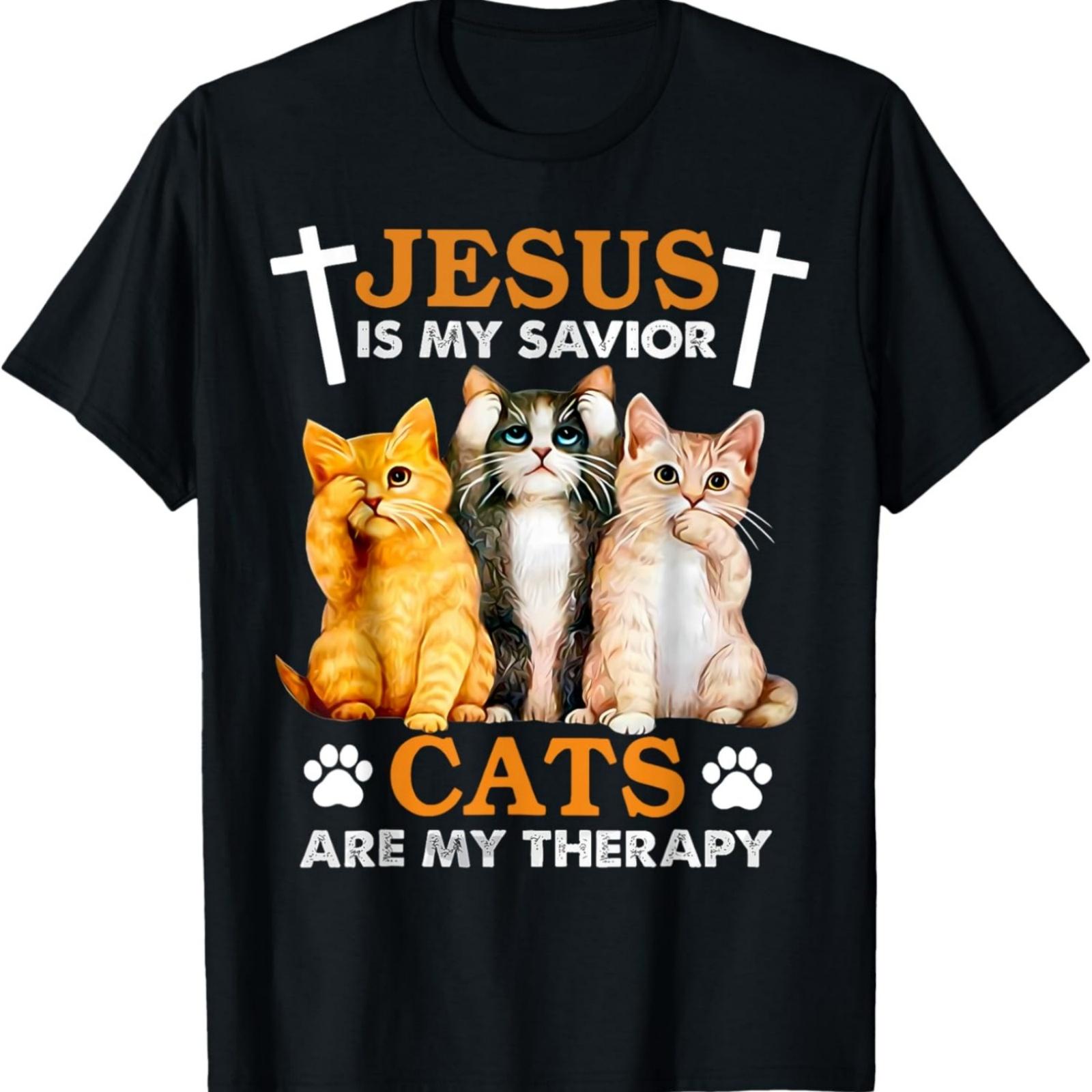 

Jesus Is My Savior Cats Are My Therapy Christian Funny Cat T-Shirt XXXXXL різнокольоровий