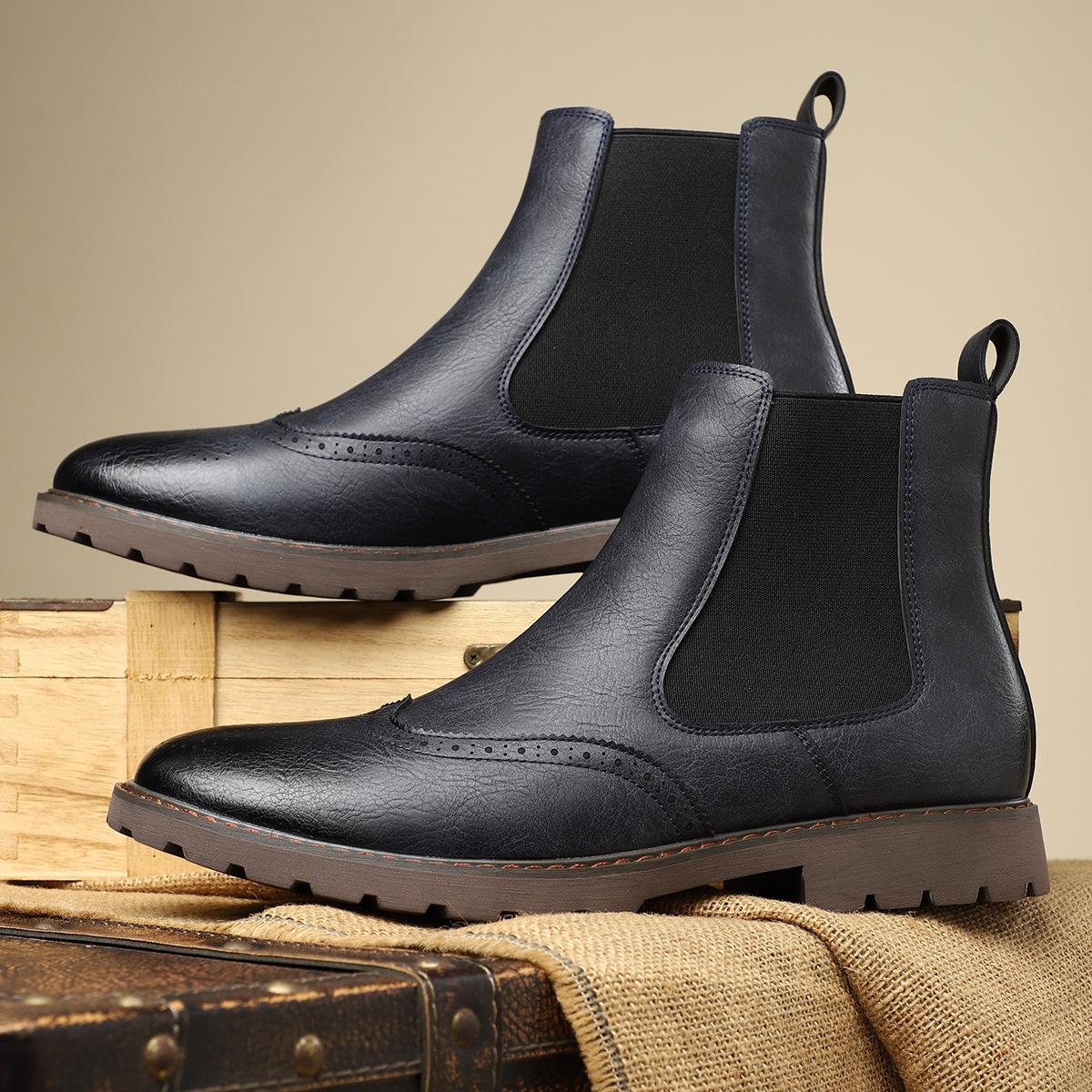 

British Chelsea leather boots Martin boots men s new Brock engraved business high-top sleeve pointed leather boots 48 Темно-синій