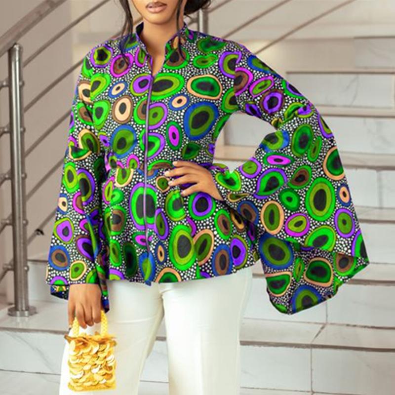 

Women Large Size Stand Collar Printed Flared Long Sleeve Blouses L зелений