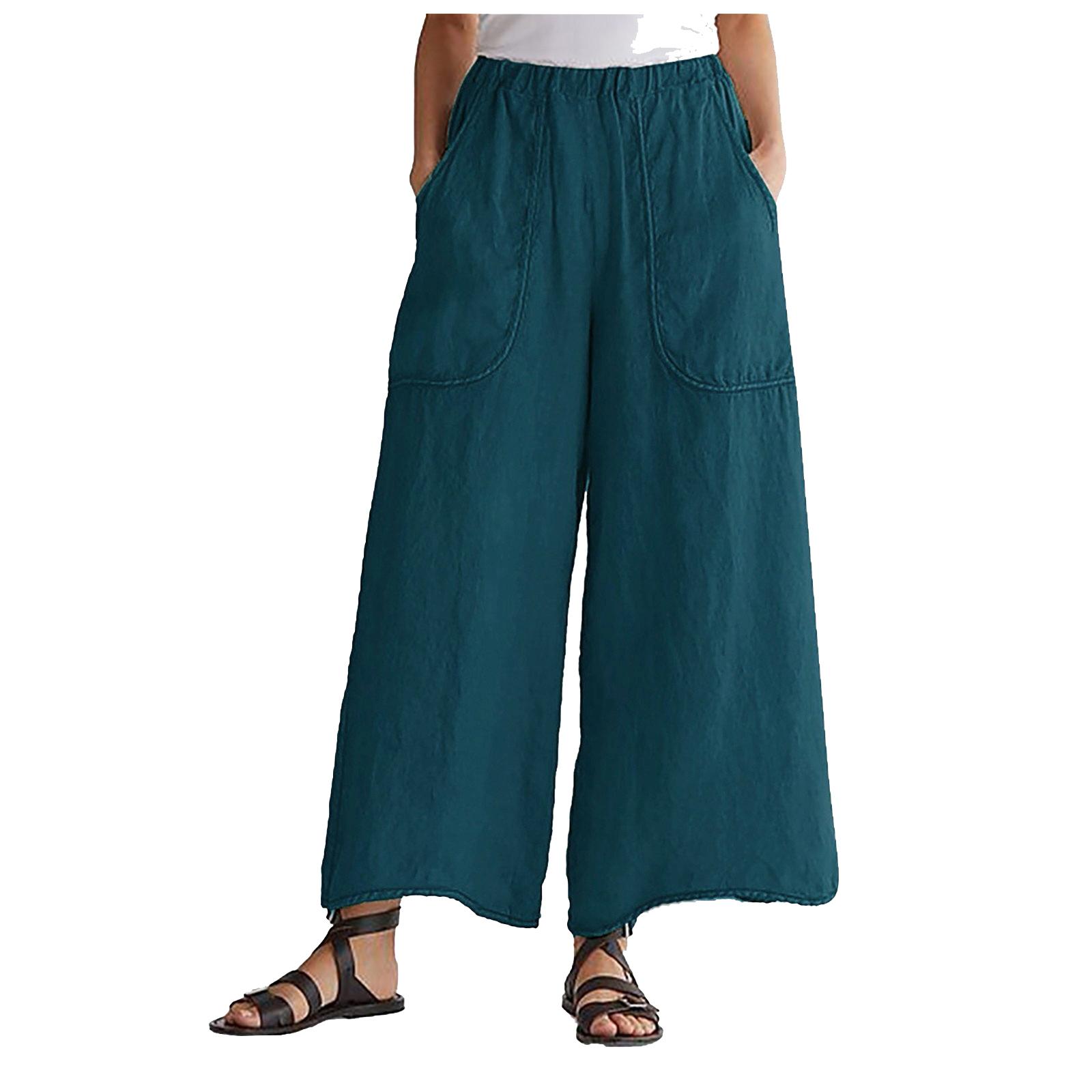 

Ladies Loose And Comfortable Pocket Elastic Waist Casual Pants Color Wide Leg Pants M