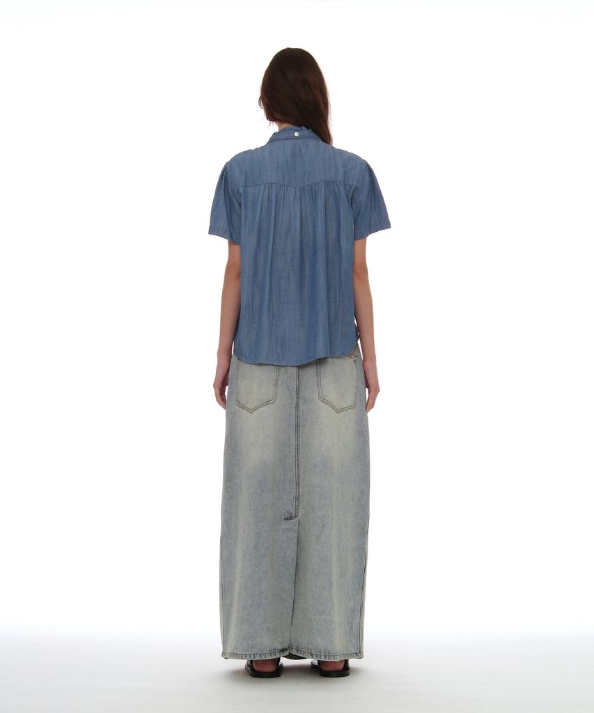 PARTIMENTO WOMEN Scarf Ruffle Pintuck Blouse_Denim