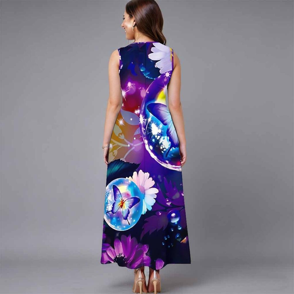 Ladies Oversized Sleeveless Crew Neck Dress Gentle Watercolor Floral Clusters Loose Mid Length Gown