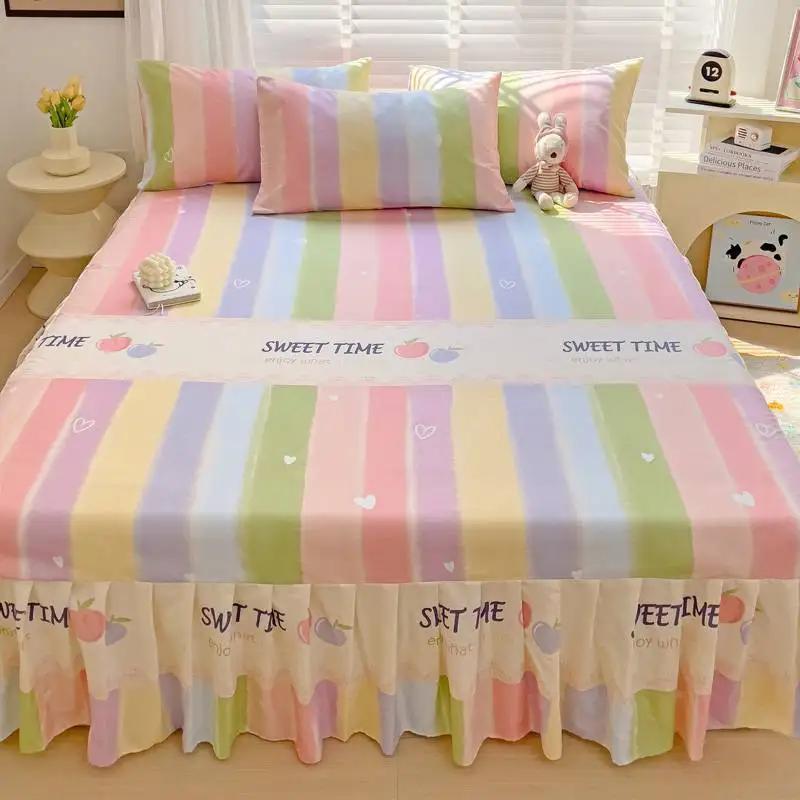 All Season Universal Ruffle Edge Single Bed Cover Printed Cotton Bed Skirt Three Piece Set Soft Comfortable Bedding Bedspread