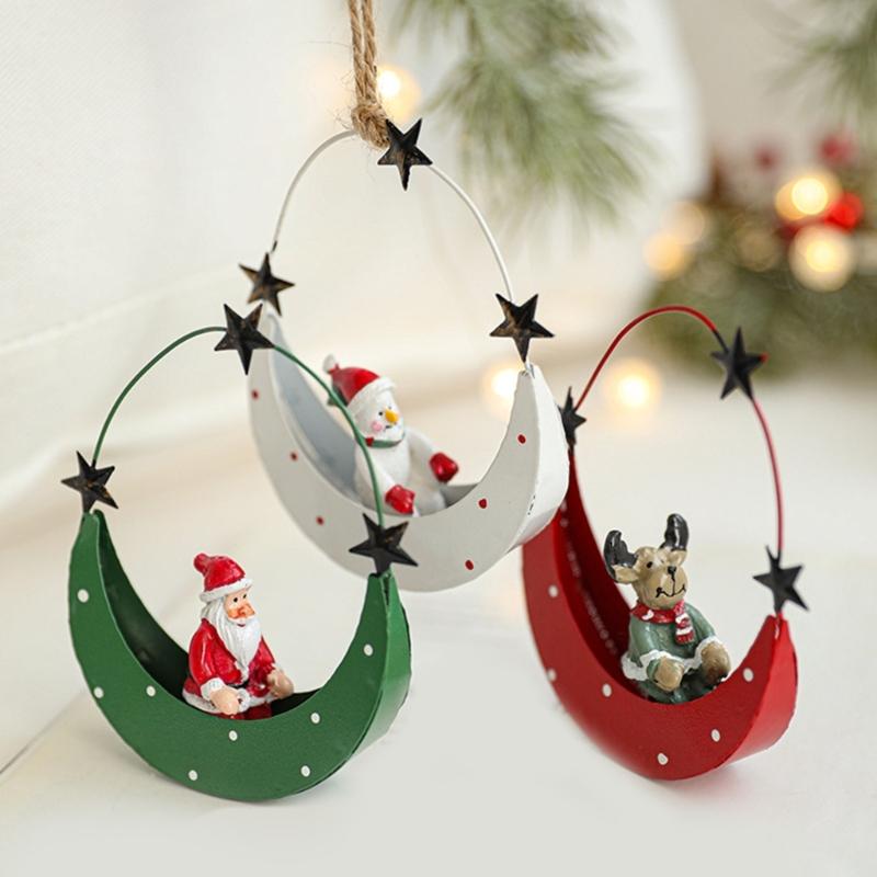 Artistic Iron Moon Boat Hanging Decors Eye Catching Iron Moon Boat Christmas Hanging Decoration for Festival Ambiances