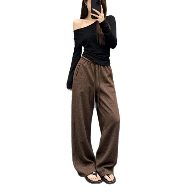 Womens High-Waisted Wide-Leg Casual Pants Coffee Color Loose Fit Straight Cut 2026