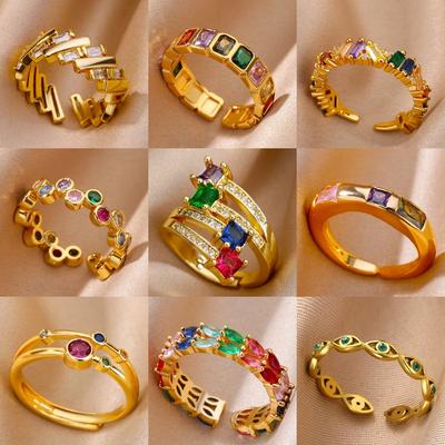 Luxry Colorful Zircon Opening Rings For Women Stainless Steel Gold Color Irregular Geometric Shiny Crystal Ring Fashion Zircon
