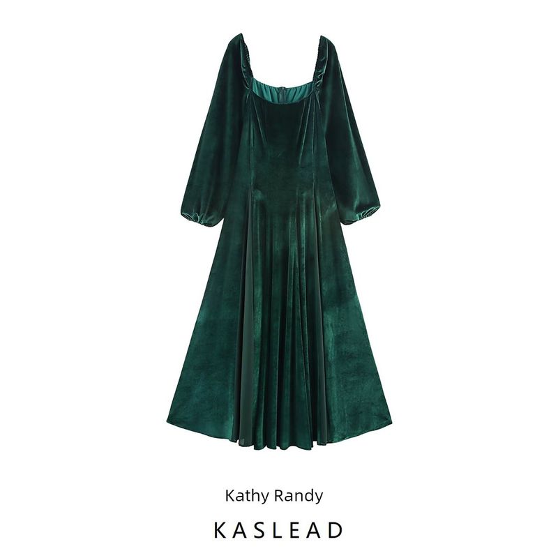 Kaslead New Women Clothes Western Style Fashion Oversized Swing Square Collar Long Sleeve Dress
