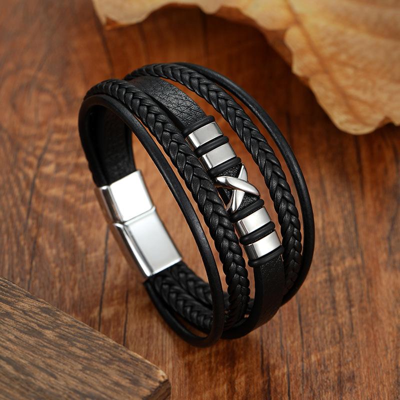 

Men s Punk X Symbol Magnetic Clasp Leather Bracelet Stylish Wristband for Men чёрный
