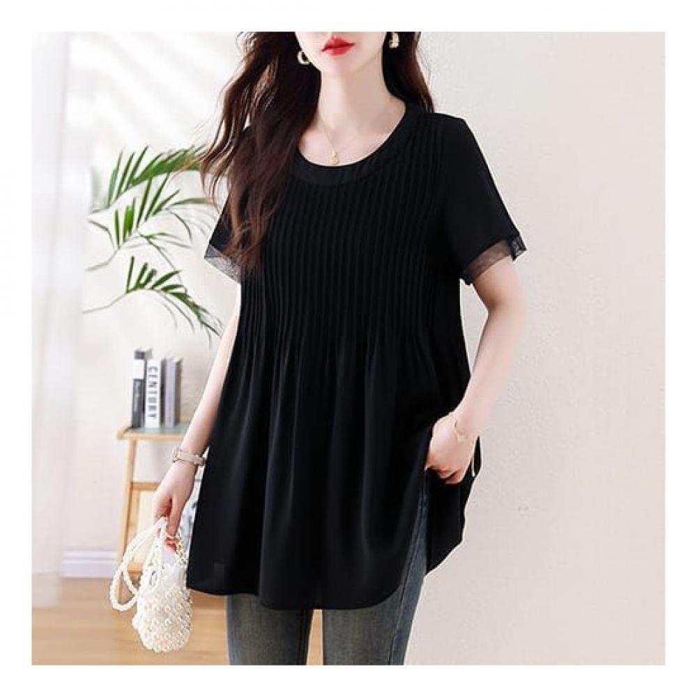 Navava Women Vintage Pleats Round Neck Short Sleeve Blouse Nb2199