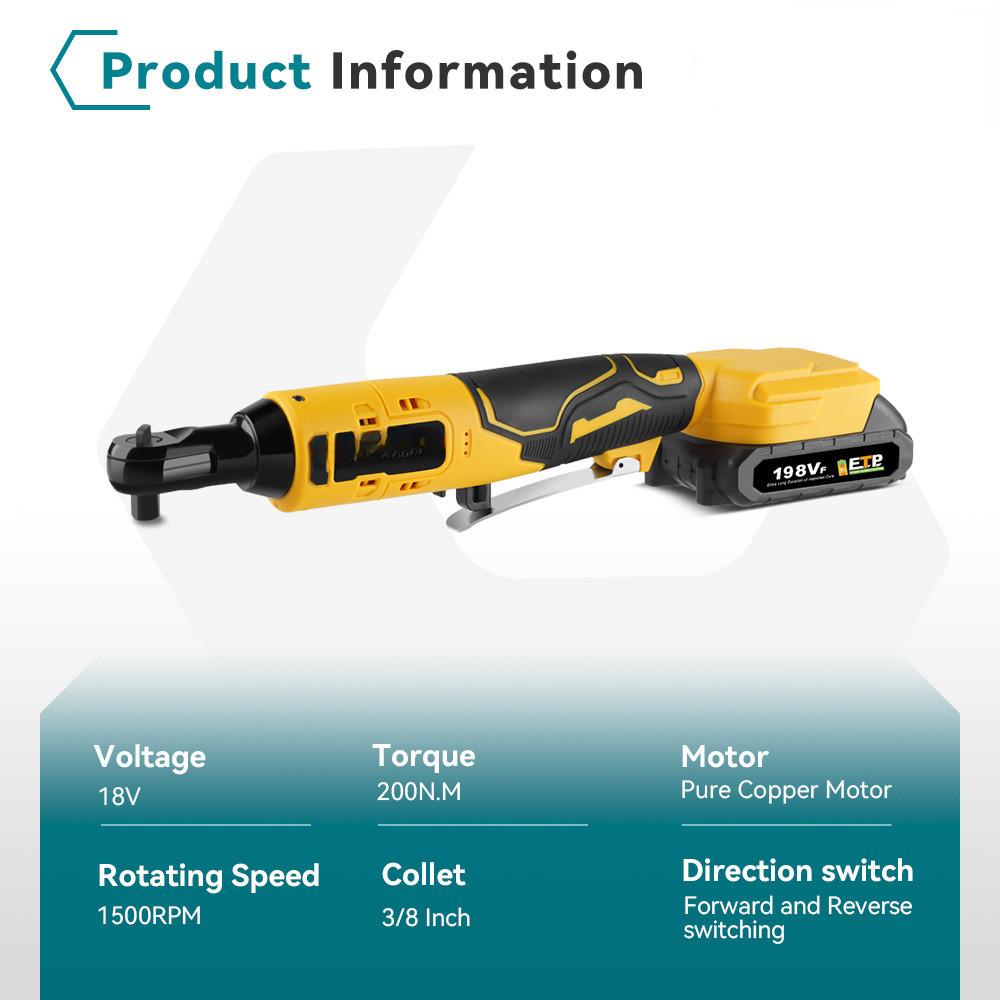 200N.M cheie electrică cu clichet 3/8 inch, fără fir, eficientă, portabilă, reîncărcabilă, pentru reparații.