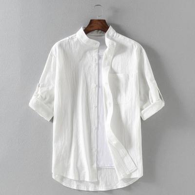 Spring and Summer Stand Collar Five-point Mid-sleeve Fashionable Men's Short-sleeved Shirt Seven-point Sleeve Large Size Men's