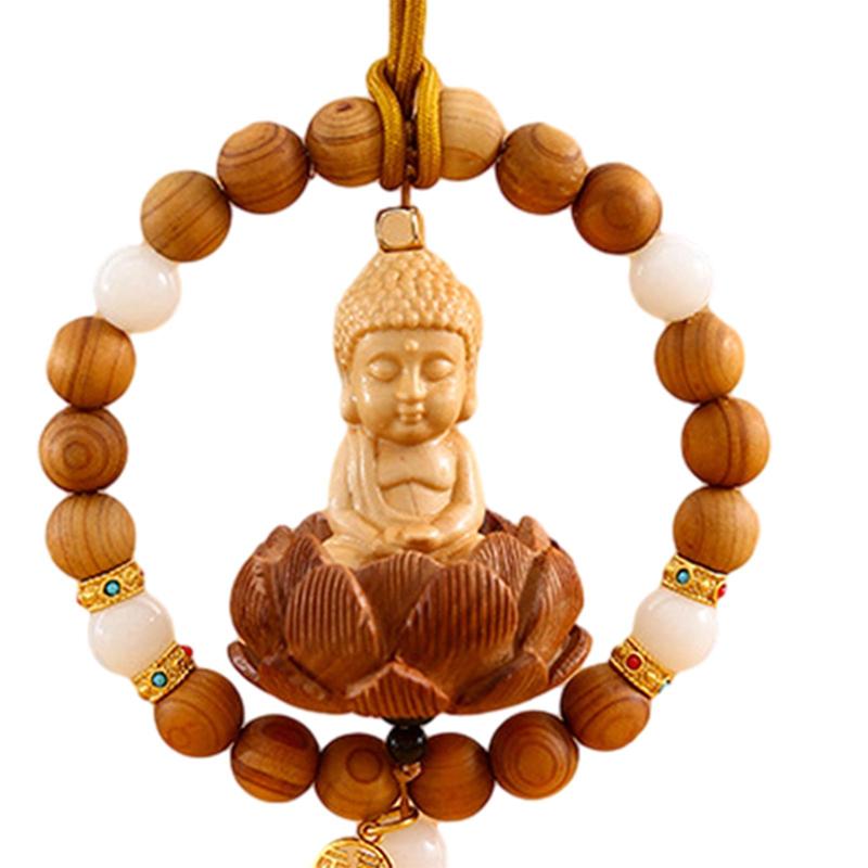 Buddha Statue Car Rearview Mirror Pendant Wood Tassel Car Hanging