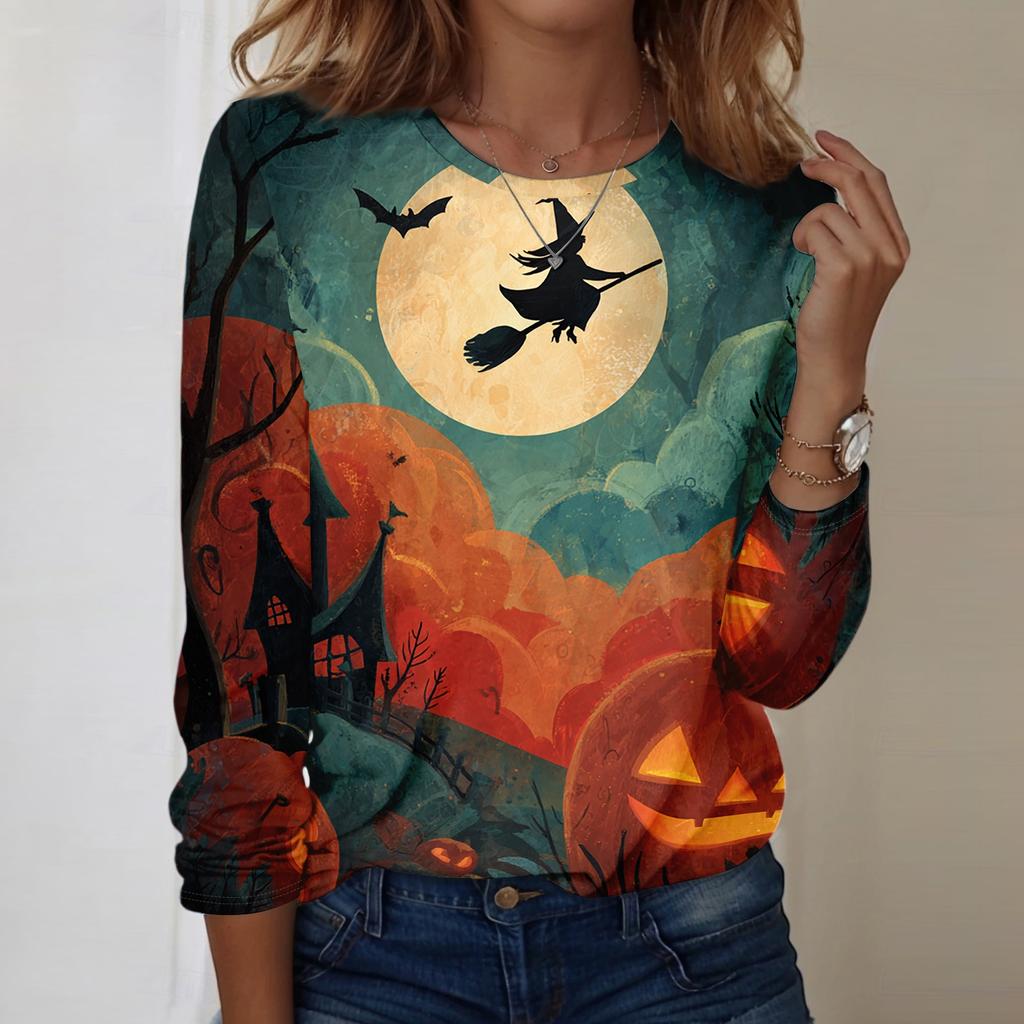 Women's Casual Long Sleeve Crewneck Top with Halloween Print for Fall Festive Wear