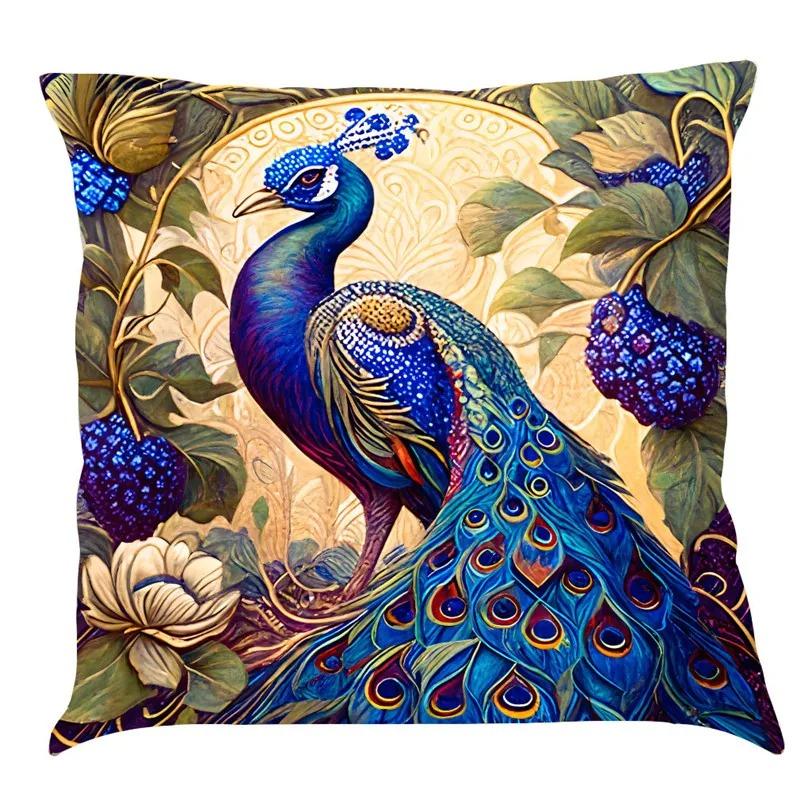 Nordic Style Peacock Cat Puppy Oil Painting Print Pillowcase 45x45 Cm Living Room Sofa Cushion Cover Bedroom Home Decoration