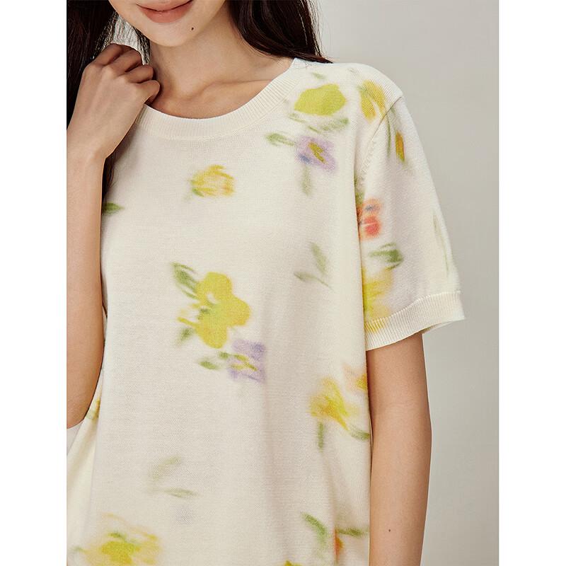 INMAN Women's Romantic Floral Print Short Sleeve Knit Top