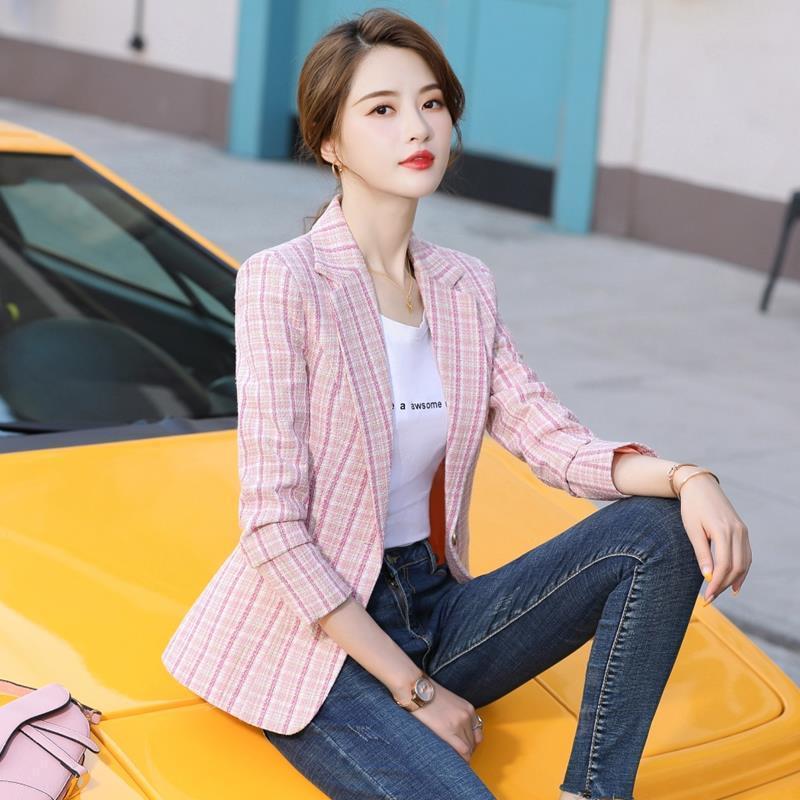 2025 Spring Korean Style Plaid Short Suit Jacket for Women - Slimming, Petite, Casual, Trendy