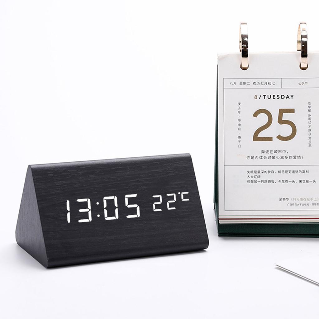 Wooden Electric Alarm Clocks Modern Triangle Shape Digital Clock Suitable for Bedroom Bedside