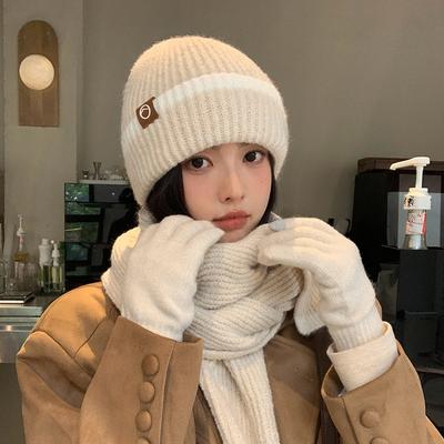 Winter Knitted Wool Hat Women's Coldproof Warm Hat Scarf Gloves Three-Piece Ear Protection Hat