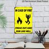 2D Flat - 1pc Vintage "Freak Out and Run Like Hell" Metal Sign - 8x12 Inches, Yellow with Black Text & Fiery Design, Retro Wall Decor for Home, Bar