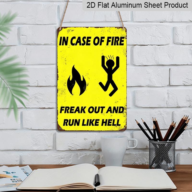 2D Flat - 1pc Vintage "Freak Out and Run Like Hell" Metal Sign - 8x12 Inches, Yellow with Black Text & Fiery Design, Retro Wall Decor for Home, Bar