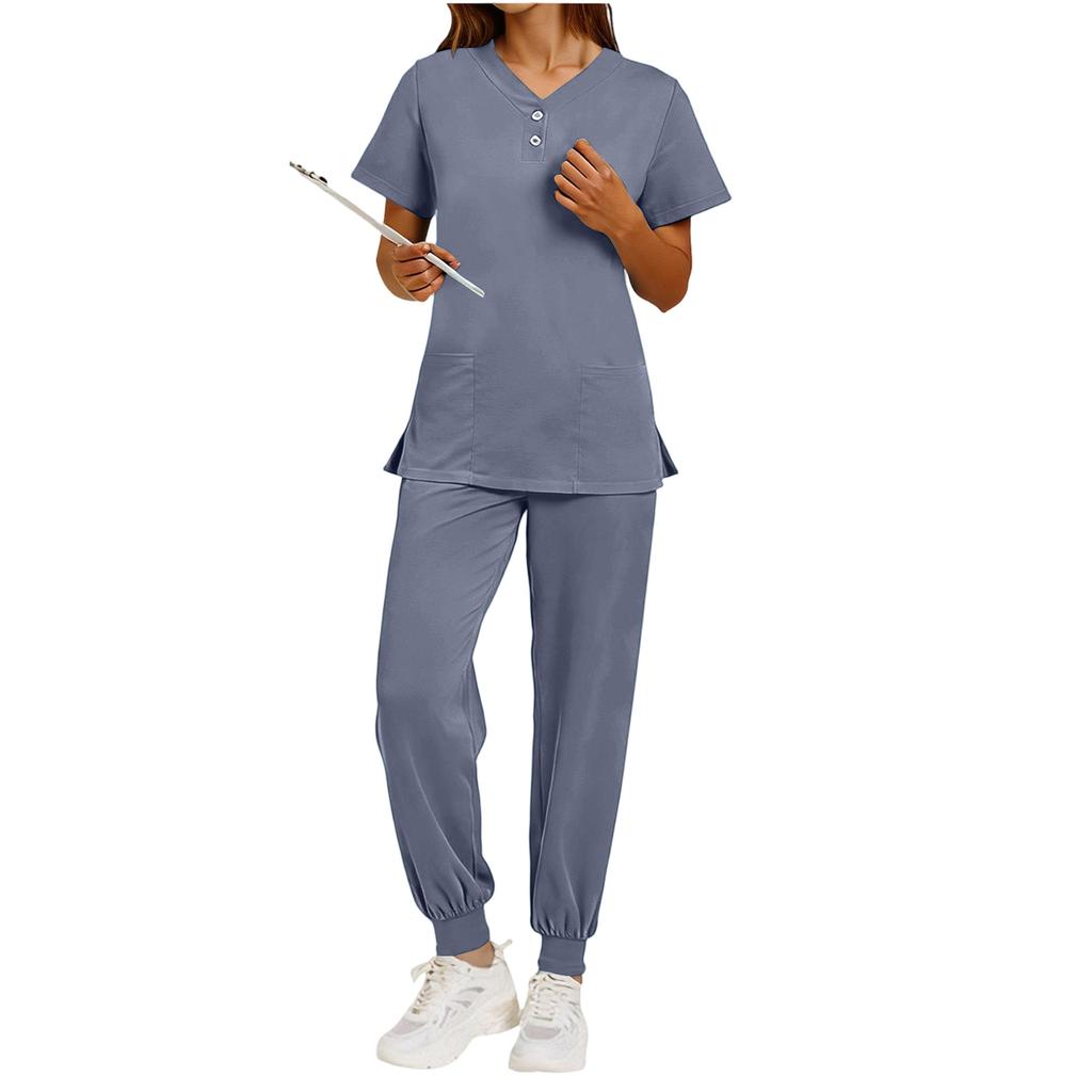 Nursing Scrub Set Women Quick Dry Fabric V Neck Short Sleeve Top with Pockets and Elastic Waist Long Pants Medical Uniform Workwear Set