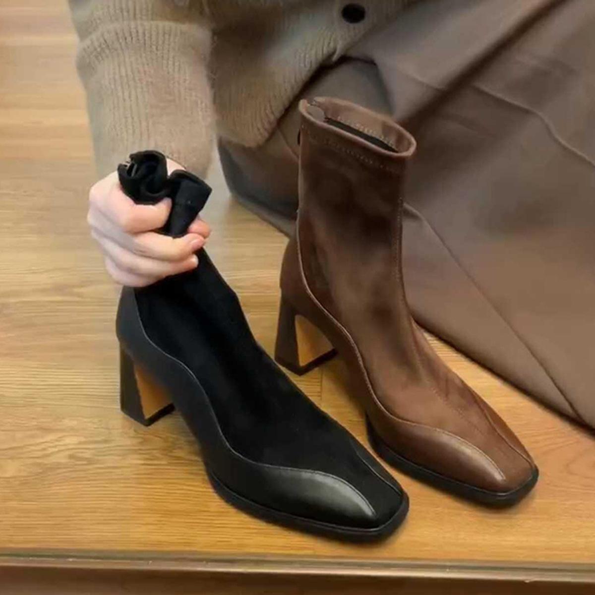 Vintage Splicing Elastic Skinny Boots Women s Versatile Square Head Rear Zipper Martin Boots 35
