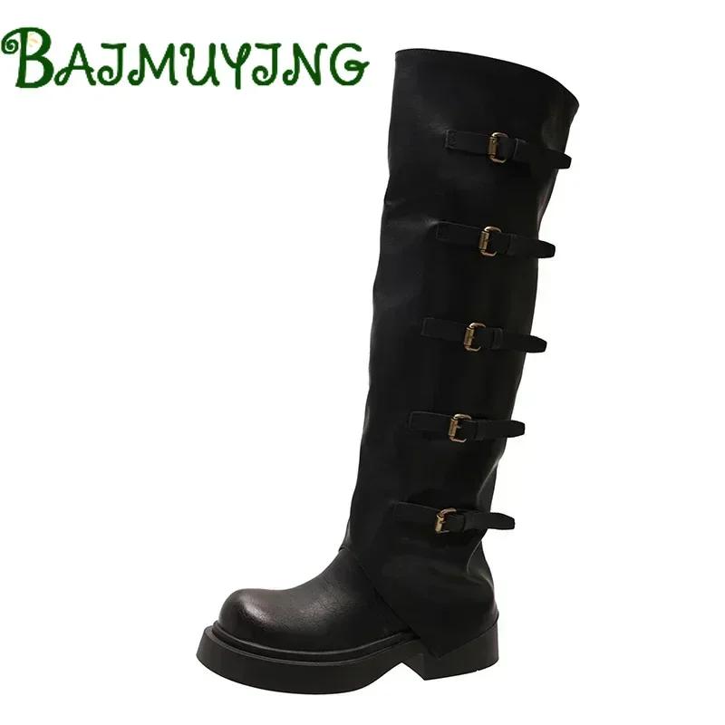 Luxury Platform Knee High Boots Leather Punk Women Shoes Fashion Chunky Heels Buckle 2025 Trend Winter Snow Botas Mujer Zapatos