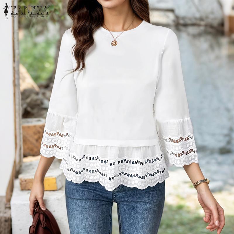 

ZANZEA Women Casual Round Neck Loose Lace Splice 3/4 Sleeve Blouse M белый