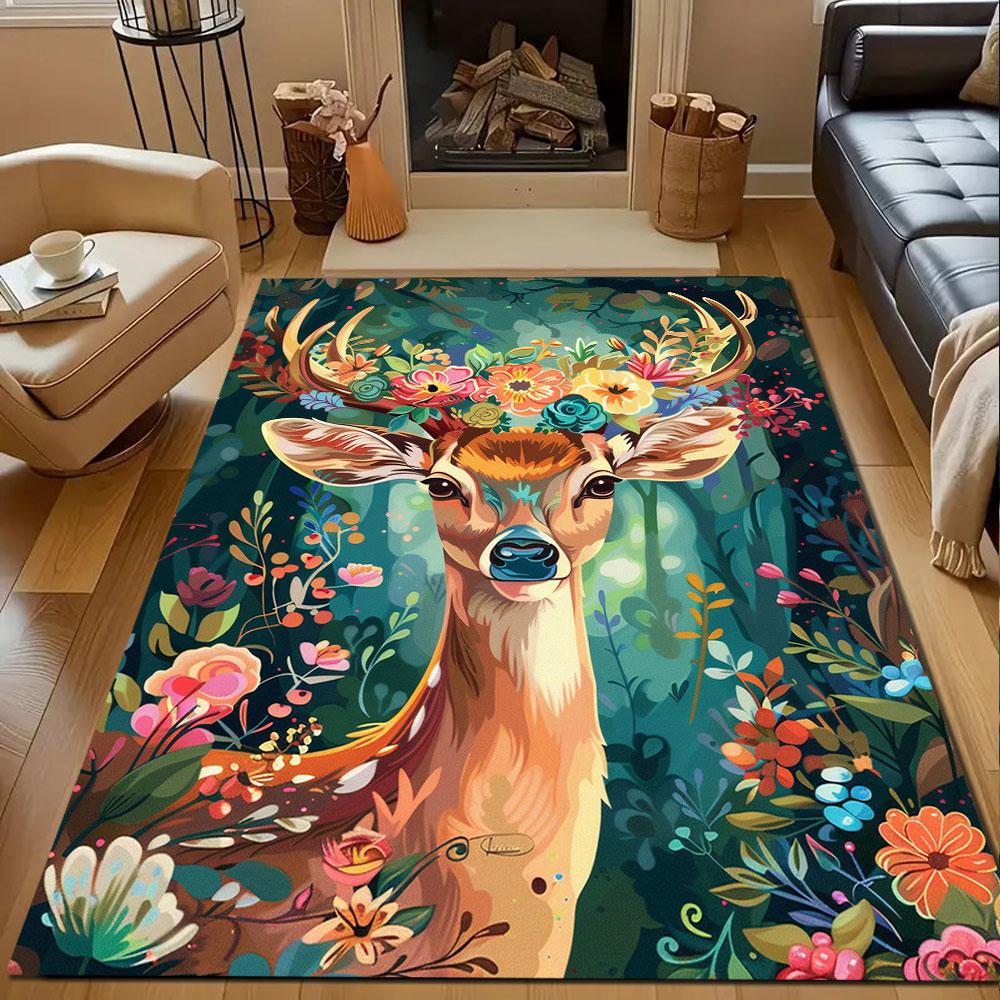 Floral Antlered Deer in Forest Scene Patterned carpet, non slip mat suitable for living room and bedroom sofas