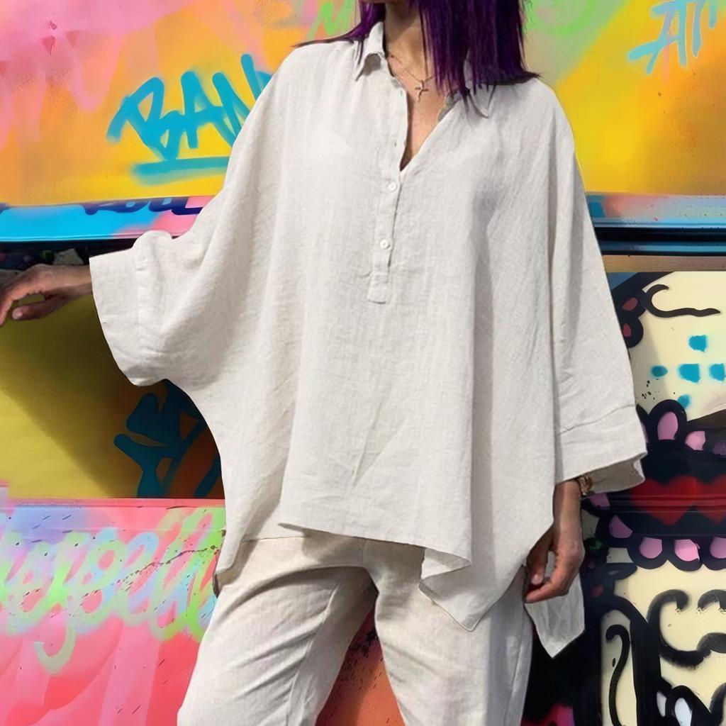 Camicia casual ampia a maniche lunghe con scollo a V e scollo a V da donna, stile autunno, retrò, Harajuku, tinta unita, in cotone e lino, taglie forti