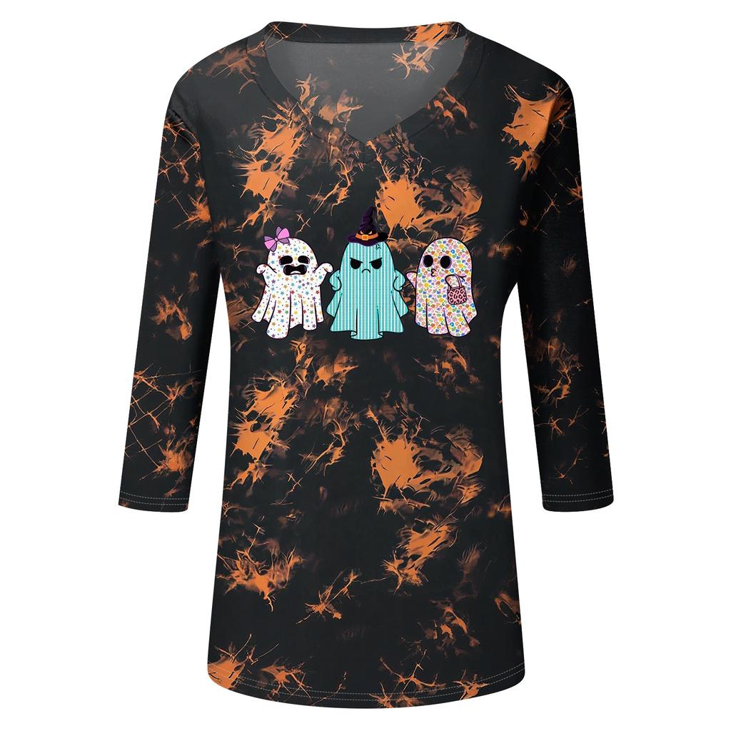 Women's Casual V-Neck Three-Quarter Sleeve Top with Halloween Print