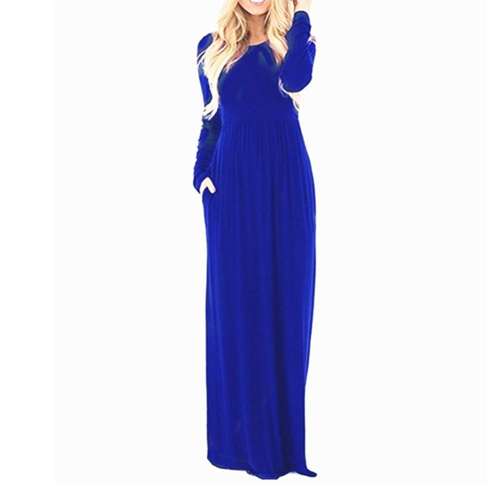 

HNXC Женская мода осень-зима однотонный принт длинный рукав О-образный вырез повседневные платья XXL синий