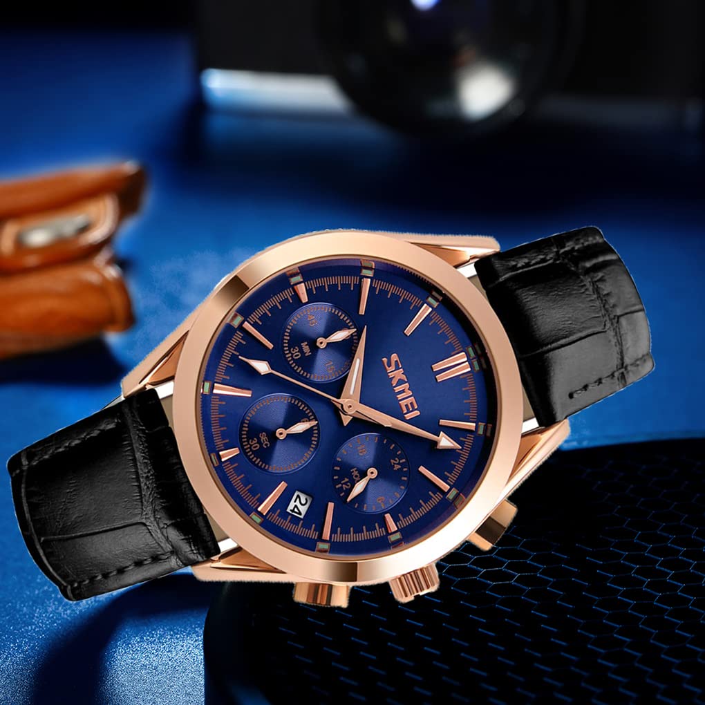 Watches for Men Black Leather Strap Arm Watch Chronograph Waterproof Brand Analog Business Stylish Casual Luminous Watch Luxury Gift Blue Watches for