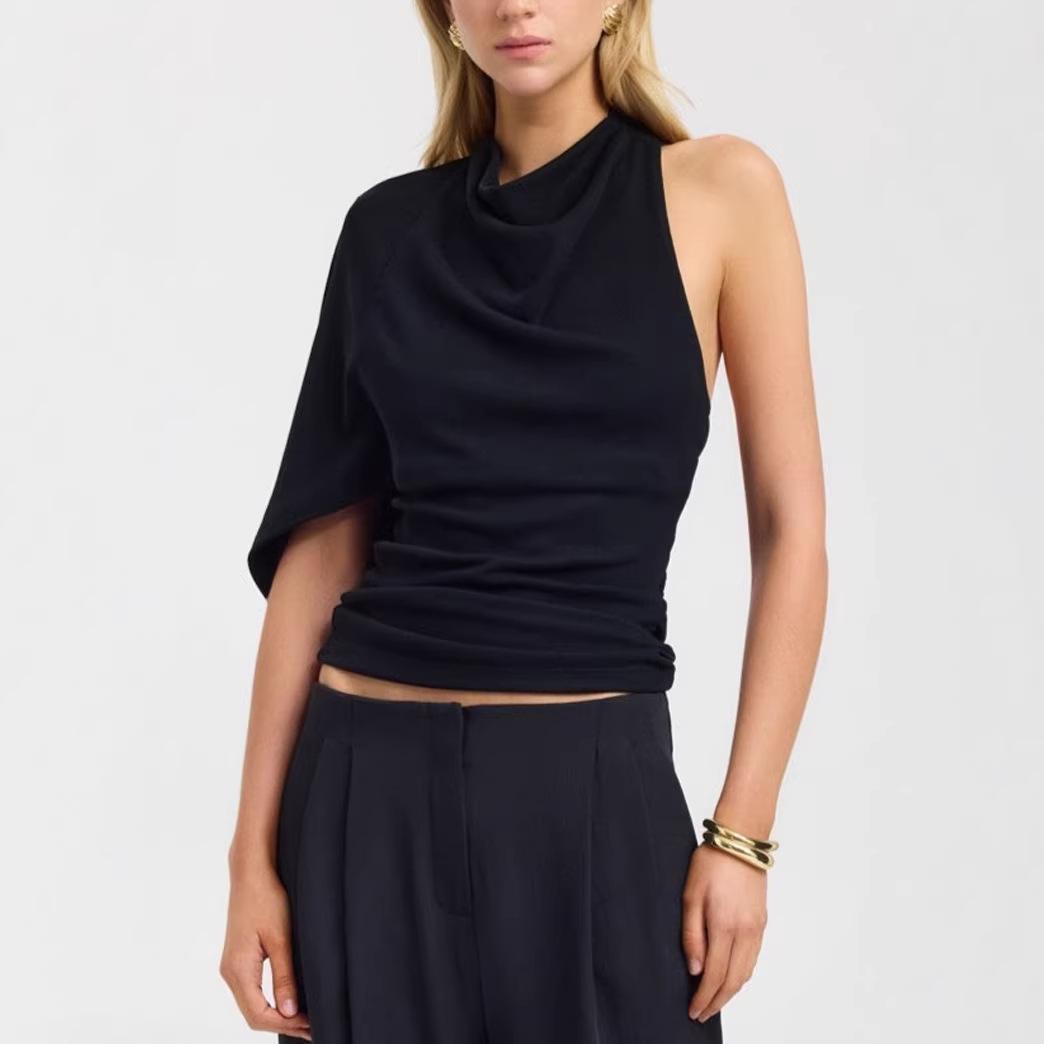 Women s Black One Shoulder Ruched Asymmetric Top S чёрный