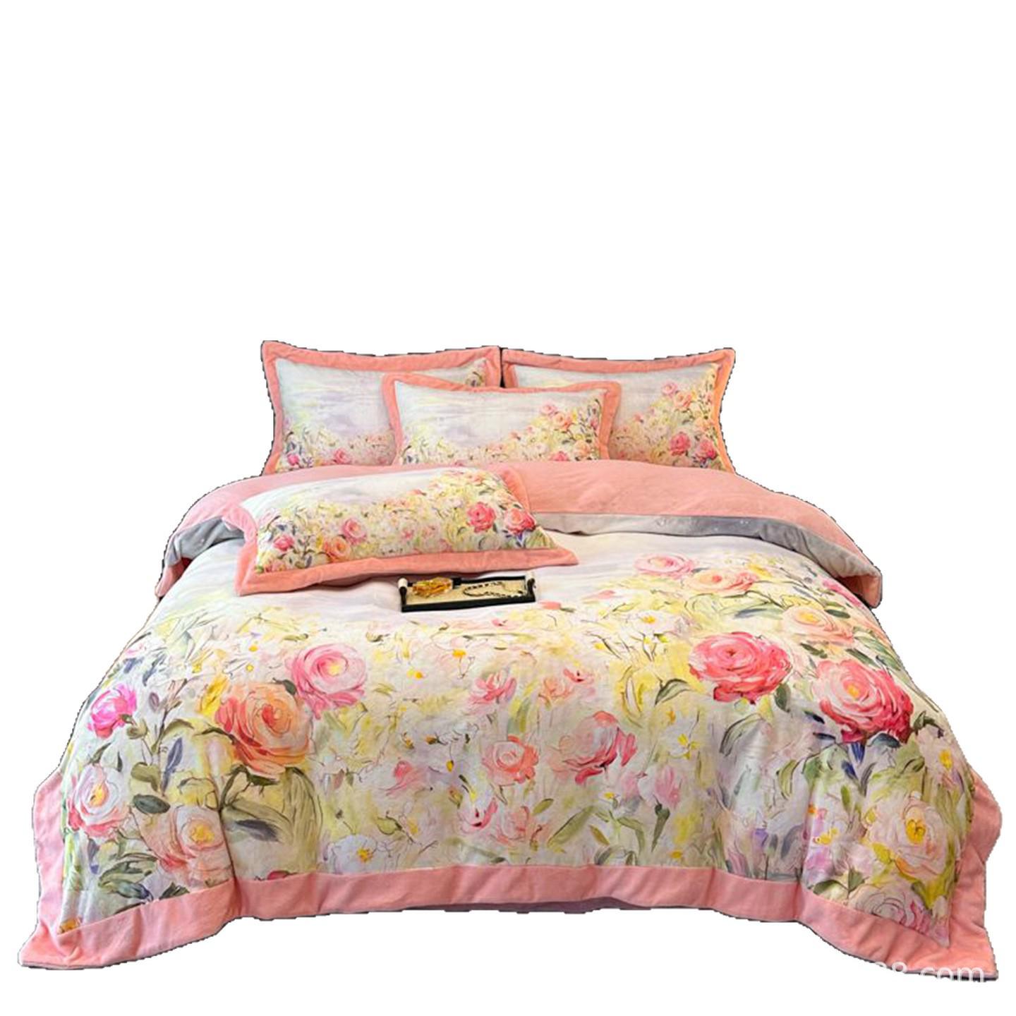 Cozy Winter Milk Velvet 4-Piece Fleece Bedding Set: Double-Sided Printed Duvet Cover 1.5m bed sheet set (Duvet 200x230cm)