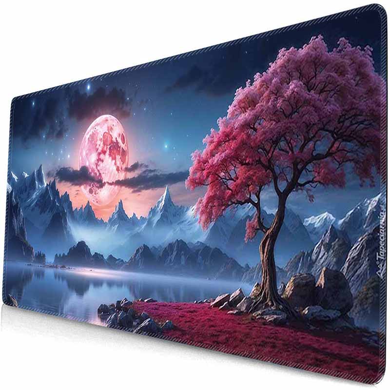 HD Große Gaming-Mauspads Kirschblüten-Landschaft Mond-Mauspad Große Schreibtischunterlagen Rutschfeste Gummi-Mauspads XXL Große Tastatur-Tischmatten