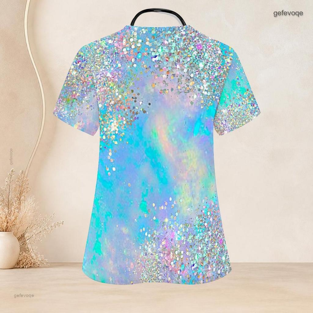 Women Plus Size Keyhole Neck Short Sleeve USA Flag Printed Nurse Scrub Top With Front Pockets