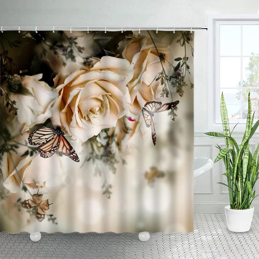 Rustic Flowers Shower Curtains Red Pink Rose Butterfly Sunflower Spring Nature Floral Bath Curtain Set Bathroom Decor with Hooks