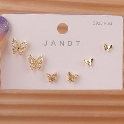 3 Pairs Minimalist Gold Mixed Butterfly Zircon Stud Earrings Set For Women Daily Wear Jewelry