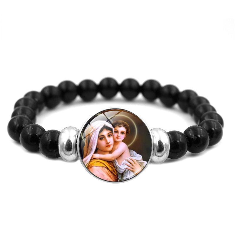 Christliches Jesus-Armband mit schwarzen Perlen, elastischer Schmuck, Jungfrau Maria, Glas-Druckknopf-Armbänder für Männer und Frauen, katholische Geschenke